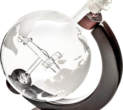 Large 50 Oz 'Plane' Handmade Whiskey Liquor Etched Globe Decanter on Wooden Stand