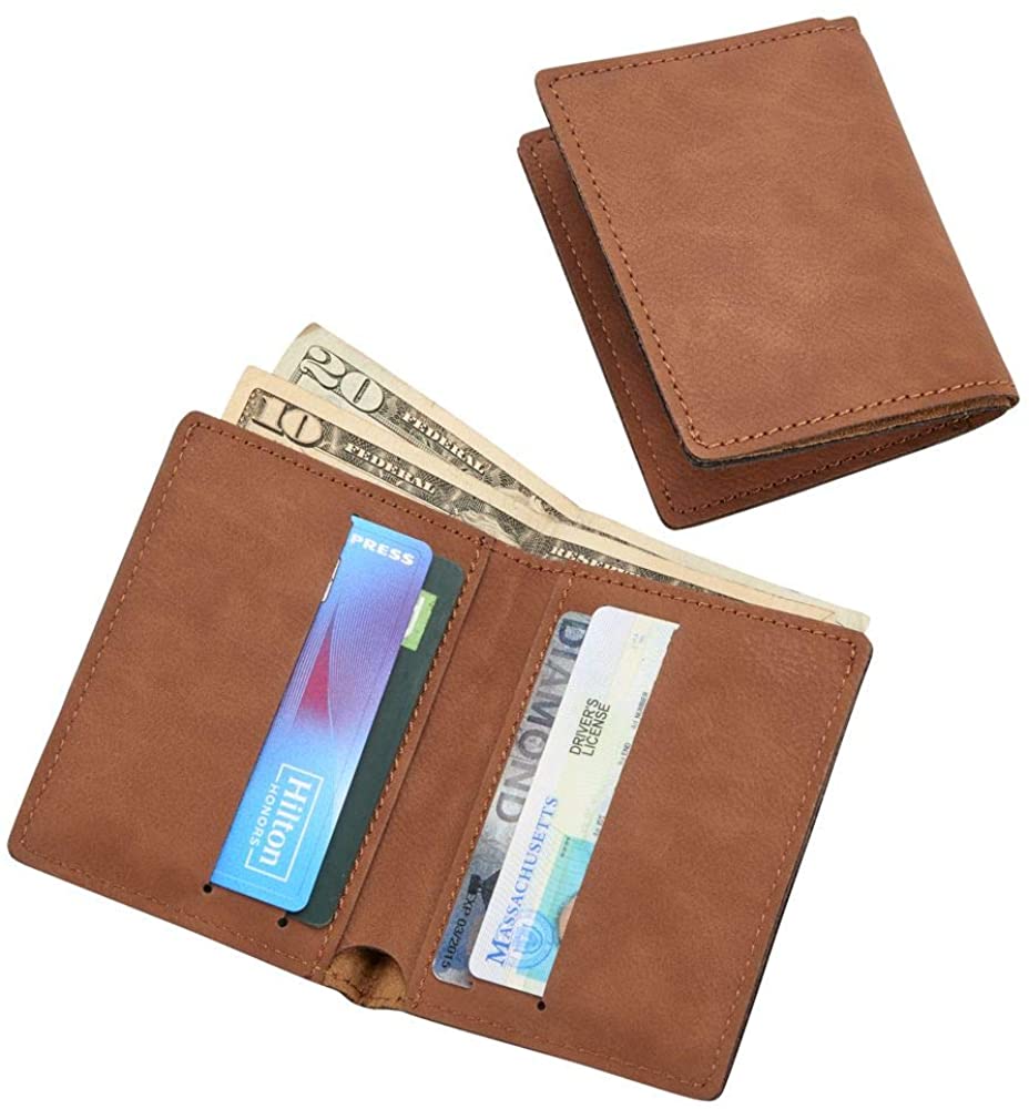 (D) Leatherette Wallets for Men 4'' x 3.25'' 6 Slots for Credit Cards (Brown)
