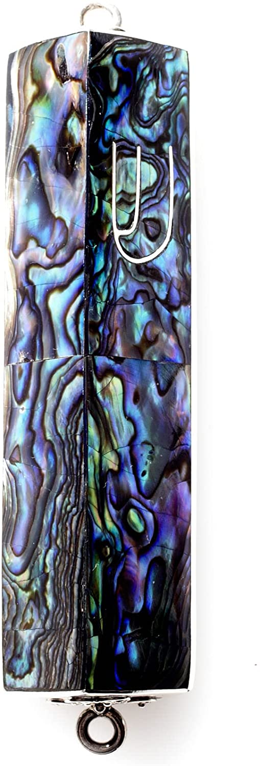 (D) Judaica Sterling Silver Mezuzah Case Triangle 3 inch (Blue Abalone)