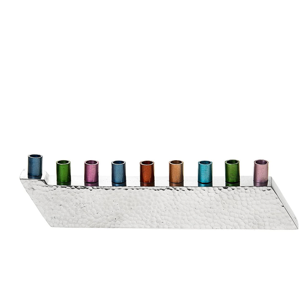 (D) Hammered Menorah with Colorful Candle Holders Judaica Holiday Decor