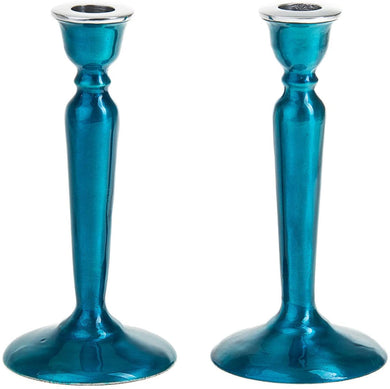 (D) Judaica Enamel Candlestick, Modern Bright Jewish Candle Holders 2 Pc (Teal)