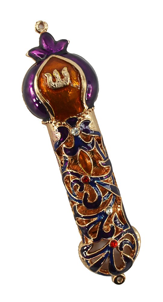 (D) Enamelled Handcrafted Mezuzah, Flowers Design with Red Swarovski Crystals