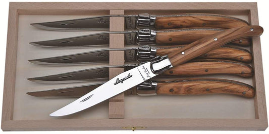 (D) Laguiole French Hand Made 6 Steak Knives in Box, Vintage (Olive Wood Handles)
