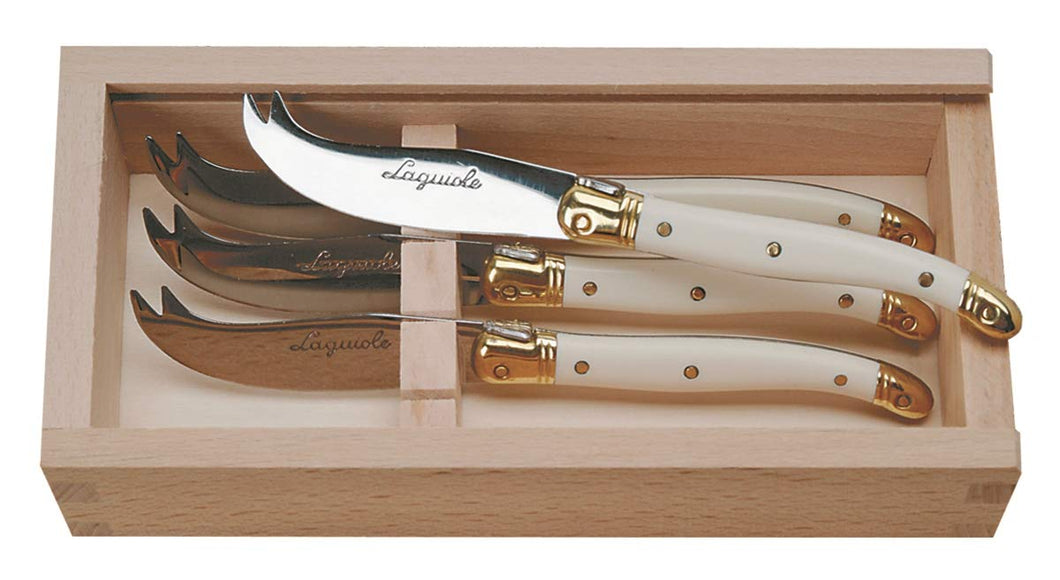 (D) Laguiole French Hand Made 4 Cheese Knives in Wood Box, Vintage (Ivory)