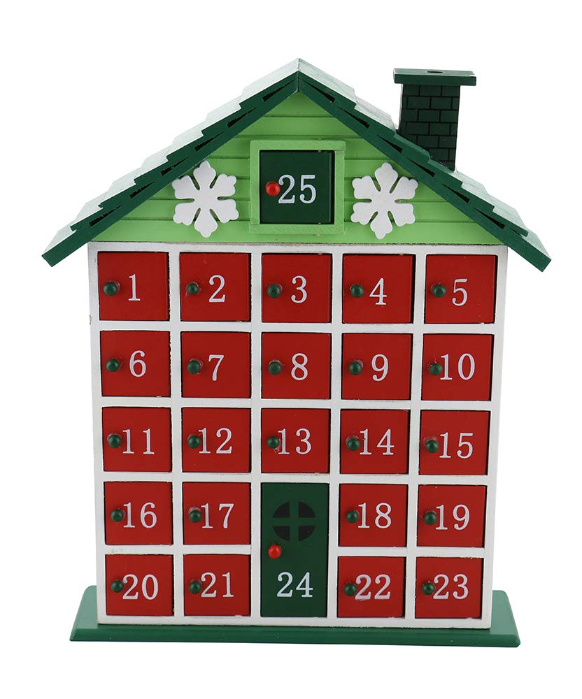 (D) Handcrafted Christmas Decor Green Cabin Advent Calendar 12x10 Inches