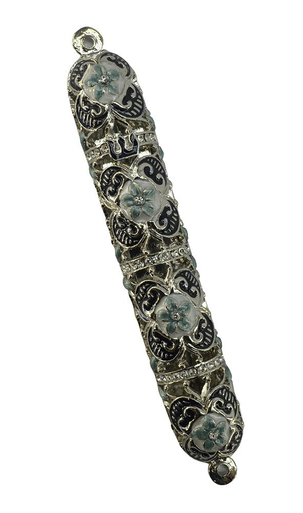(D) Silver Handcrafted Mezuzah, Ornate Design with Crystals 6 Inch