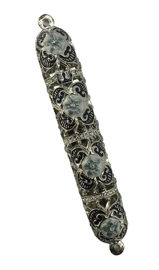 (D) Silver Handcrafted Mezuzah, Ornate Design with Crystals 6 Inch