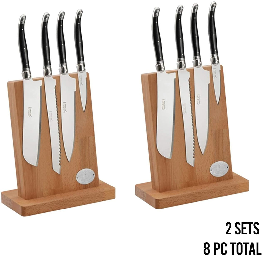 (D) Laguiole French Knife Set on Magnetic Block 4pc, Vintage 2 PACK (Red)