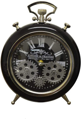 (D) Metal Table Clock 10'' x 7'' Roman Numerals Moving Gears Vintage (Black)