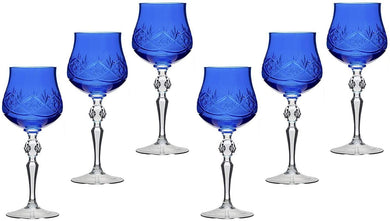 Old-Fashioned Handmade Russian Color Crystal Wine Stem Glasses Set of 6 (Blue)