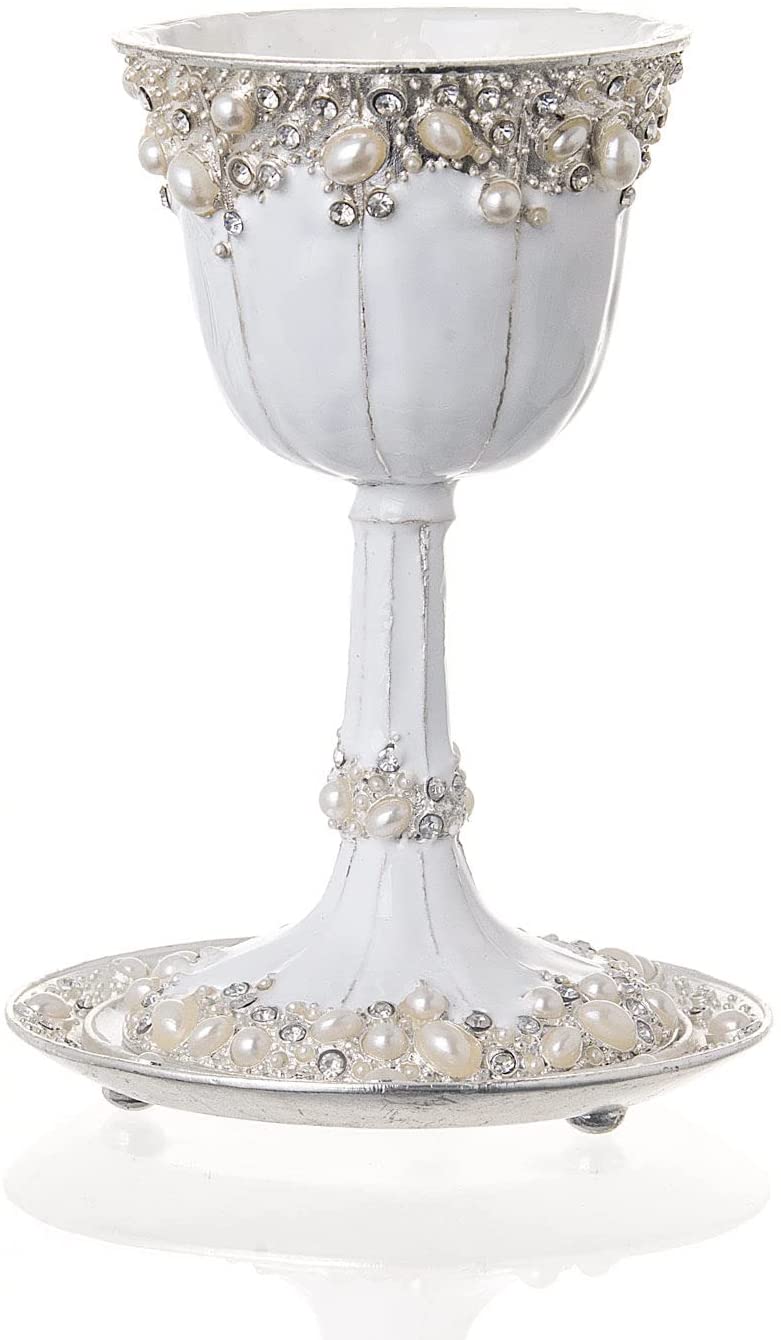 (D) Judaica Alba Cup With Tray White Jeweled Enameled Metal Kiddush Cup