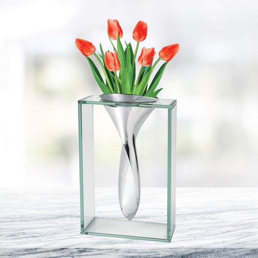 (D) Handcrafted Crystal Clear 'Elvis' 13" Glass Flower Vase with Aluminum Center