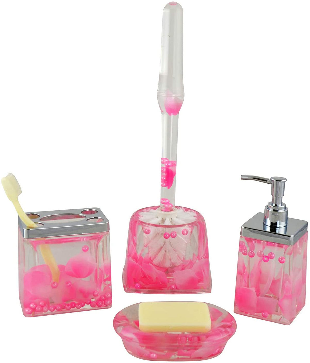 (D) 5-Piece Bathroom Set with Soap Dispenser (Pink Petals)