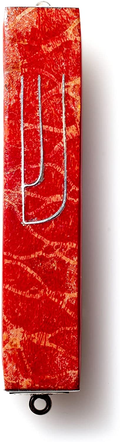 (D) Judaica Sterling Silver Mezuzah Case 4 inch for Door (Red Coral)