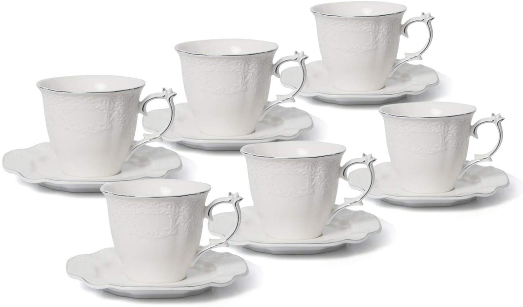 Royalty Porcelain 12pc Tea Set 'Filigree' 6 Cups 6 Saucers, Bone China (Silver)