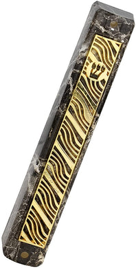 (D) Judaica Plastic Marble Style Mezuzah Case, Metal (4.7'', Gold Waves)