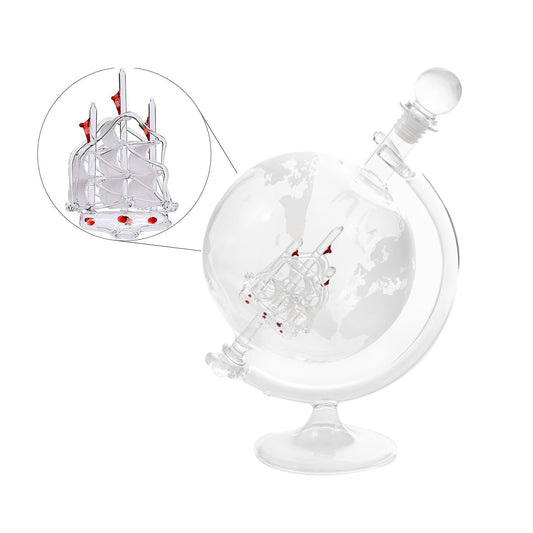 Ship Decanter Hand Blown Clear Glass on Stand for All Types of Alcohol and Other Liquids Etched World Map Globe