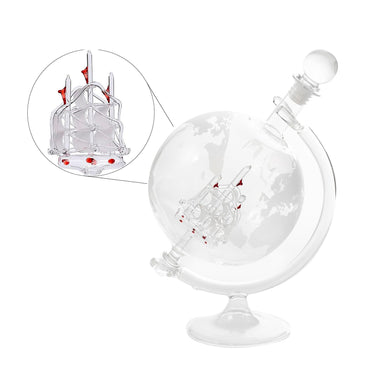 Ship Decanter Hand Blown Clear Glass on Stand for All Types of Alcohol and Other Liquids Etched World Map Globe (35 Oz)