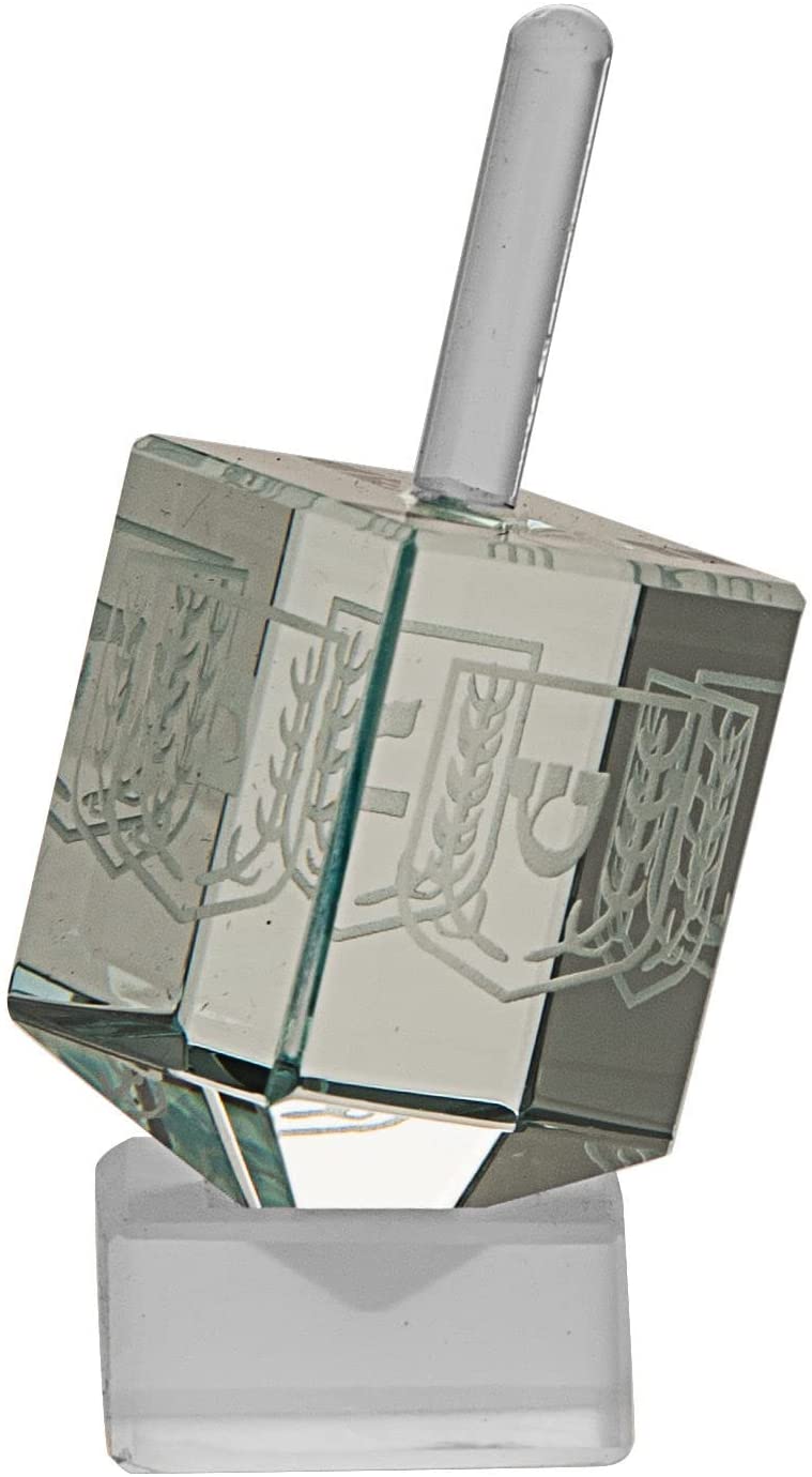 (D) Etched Pale Green Crystal Dreidel Judaica Holiday Decor Etched Designs
