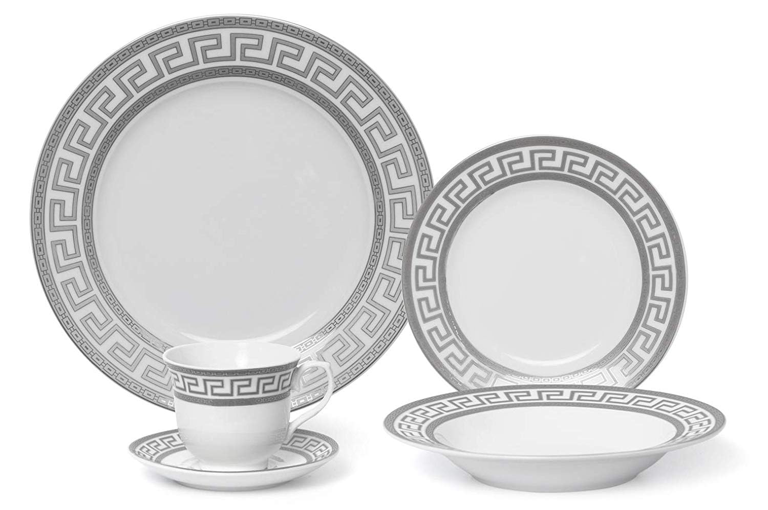 Royalty Porcelain 5-piece platinum Greek Key dinner set for one arranged on a white background