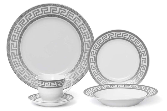 Royalty Porcelain 5-pc Famous Vintage Platinum "Greek Key" Inspired Dinner Set for 1, Fine Porcelain
