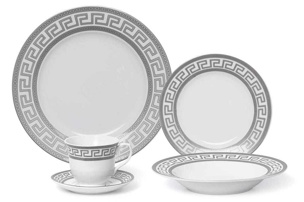 Royalty Porcelain 5-pc Famous Vintage Platinum Greek 'Silver Greek' Dinner Set for 1, Fine Porcelain
