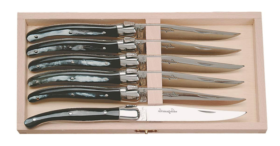 (D) Laguiole French Hand Made 6 Steak Knives in Box, Vintage (Horn Handles)