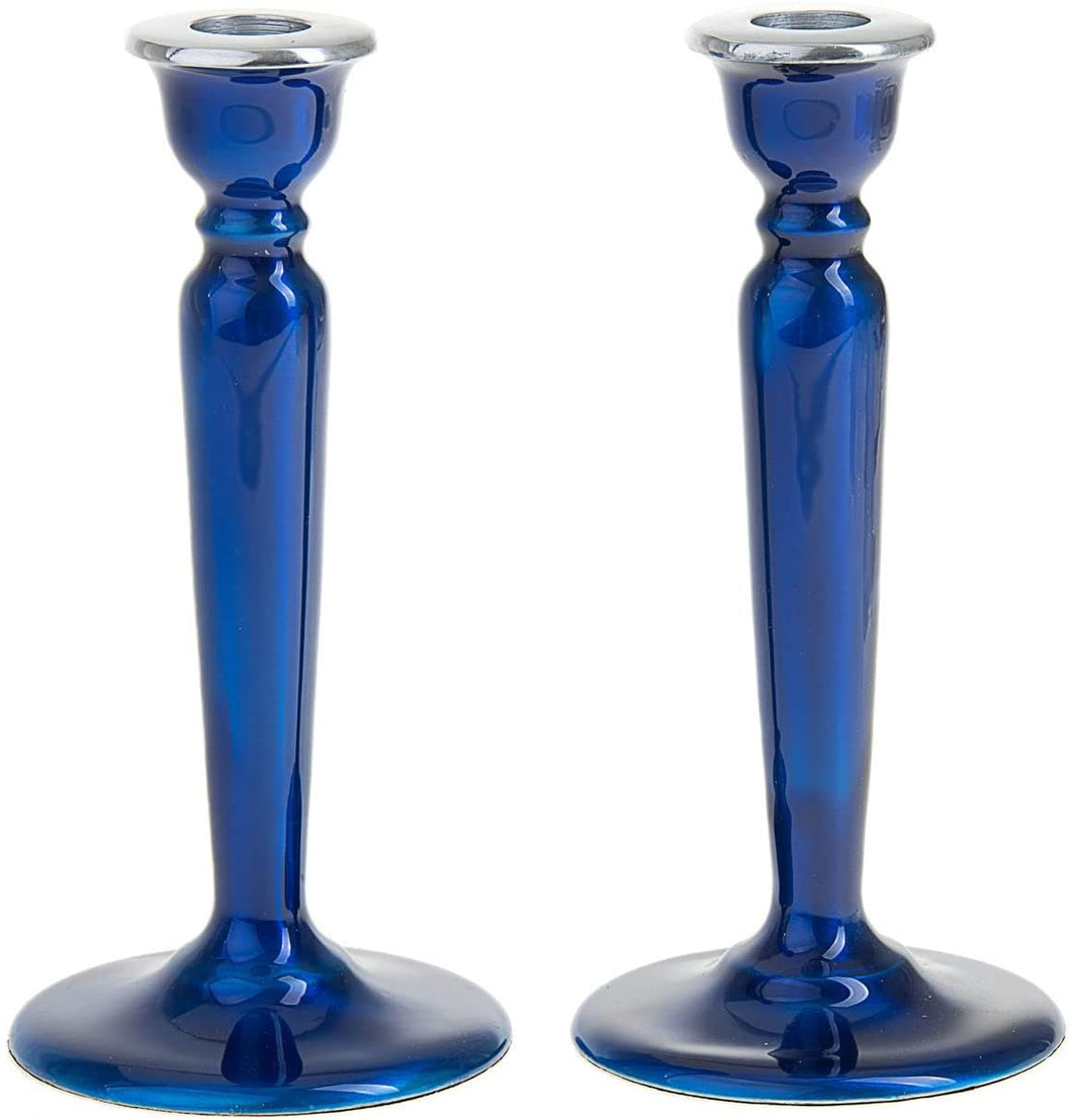 (D) Judaica Enamel Candlestick, Modern Bright Jewish Candle Holders 2 Pc (Blue)