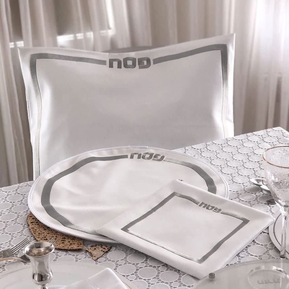 (D) Judaica White Seder Set Classic Design with Towel 3 Pc Table Decor
