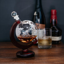 Large 50 Oz 'Plane' Handmade Whiskey Liquor Etched Globe Decanter on Wooden Stand