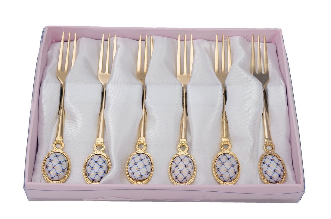 Royal Flatware 6pc Gold-Plated Lomonosov Ornament Cobalt Net Forks Set