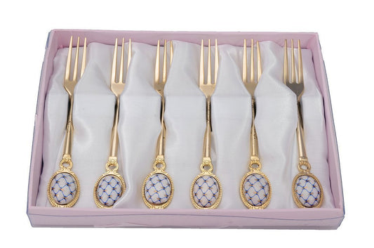 Royal Flatware 6pc Gold-Plated Lomonosov Ornament Cobalt Net Forks Set