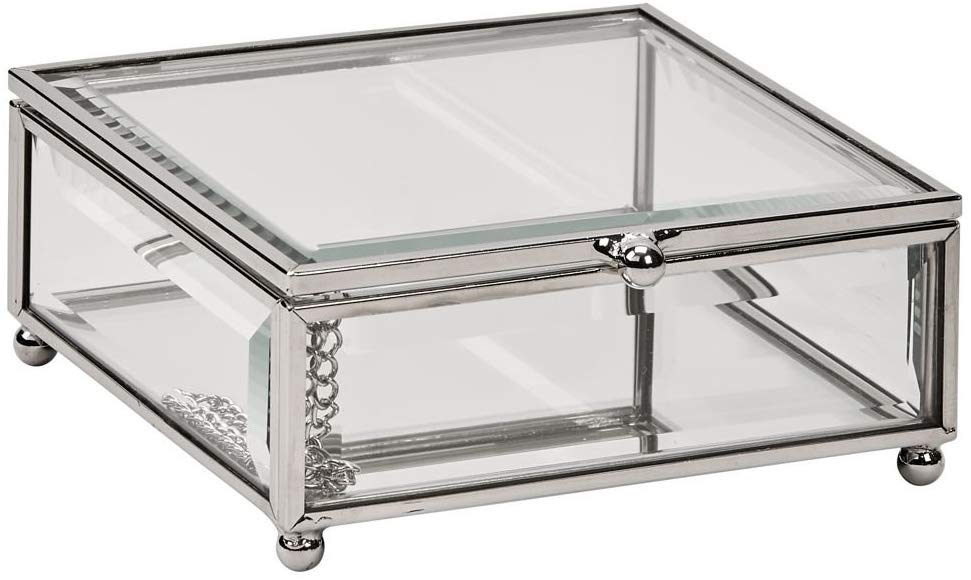 (D) Clear Glass Jewelry Box for Women Silver Storage or Gift Box (4.75x4.75'')