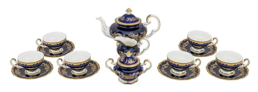Royalty Porcelain 17-pc Tea Set Blue with Tiny Gold Flowers For 6, Bone China