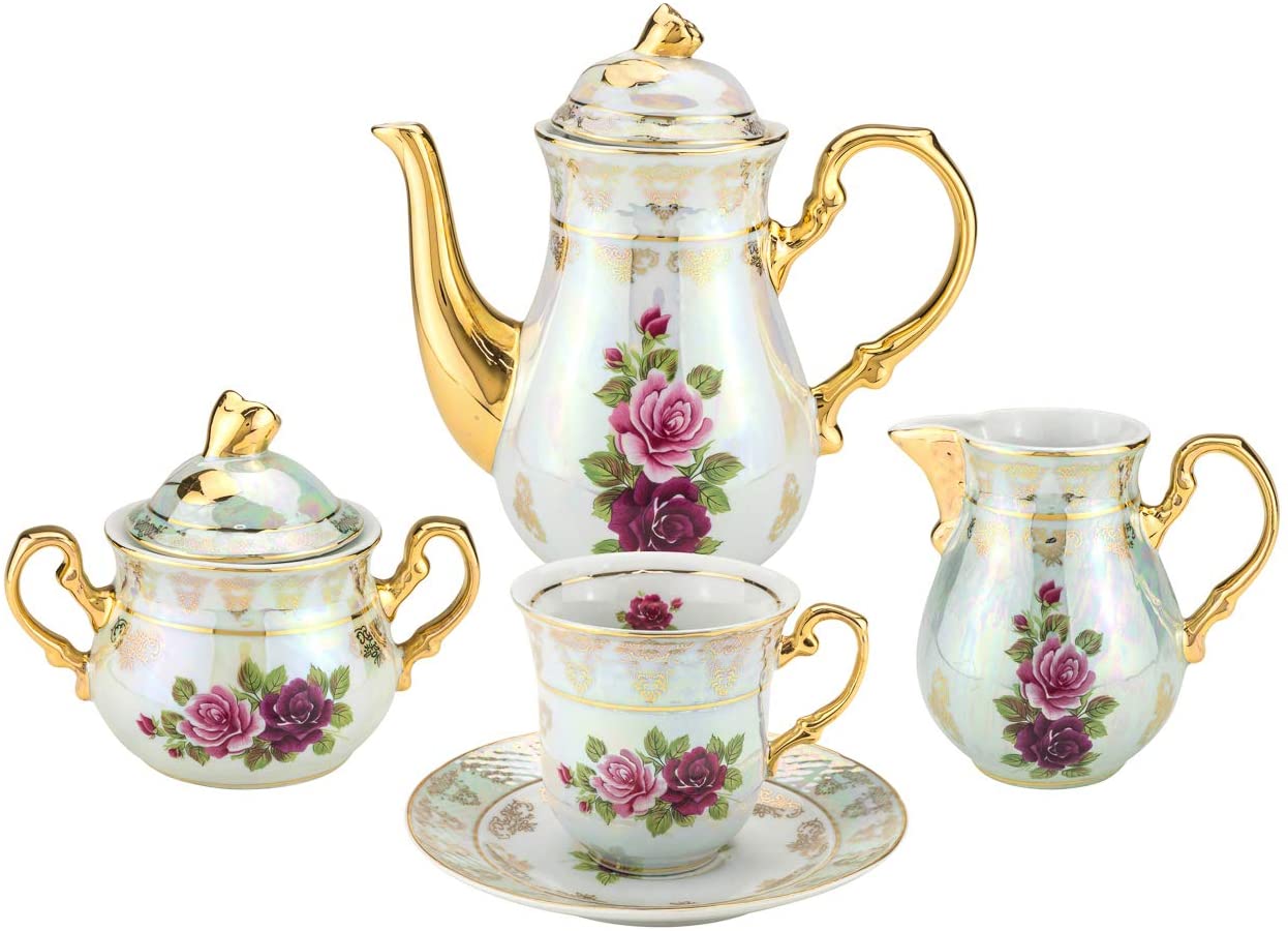 Royalty Porcelain 17pc Floral Tea Set for 6, 24K Gold-Plated Cobalt Tableware