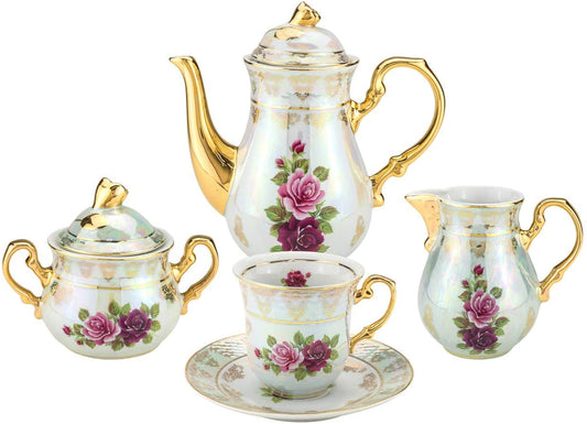 Royalty Porcelain 17pc Floral Tea Set for 6, 24K Gold-Plated Cobalt Tableware