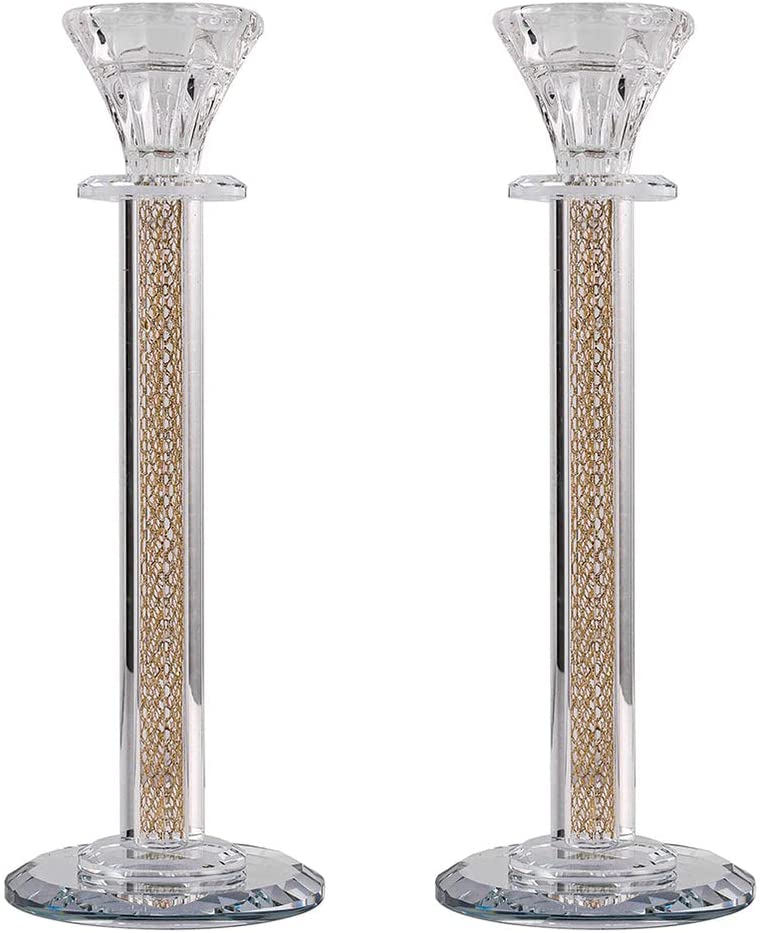 (D) Judaica Crystal Candlesticks with Inner Net Diamond Design