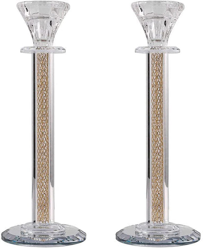 (D) Judaica Crystal Candlesticks with Inner Net Diamond Design