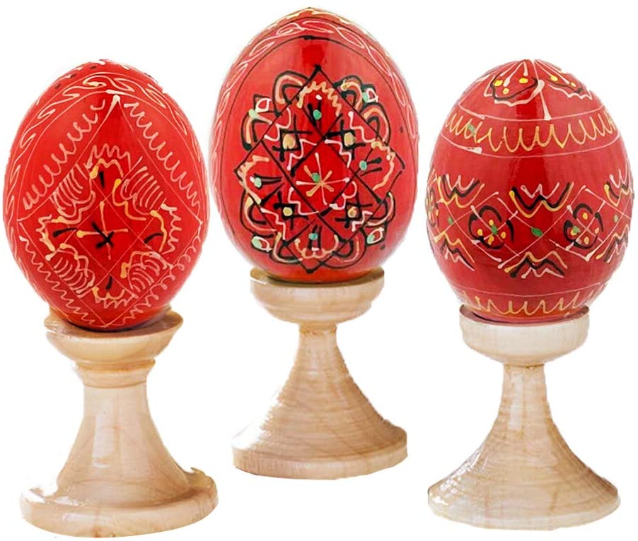 (D) Religious Gifts 3pc Red Wooden Ukrainian Easter Pysanky Eggs on Stand