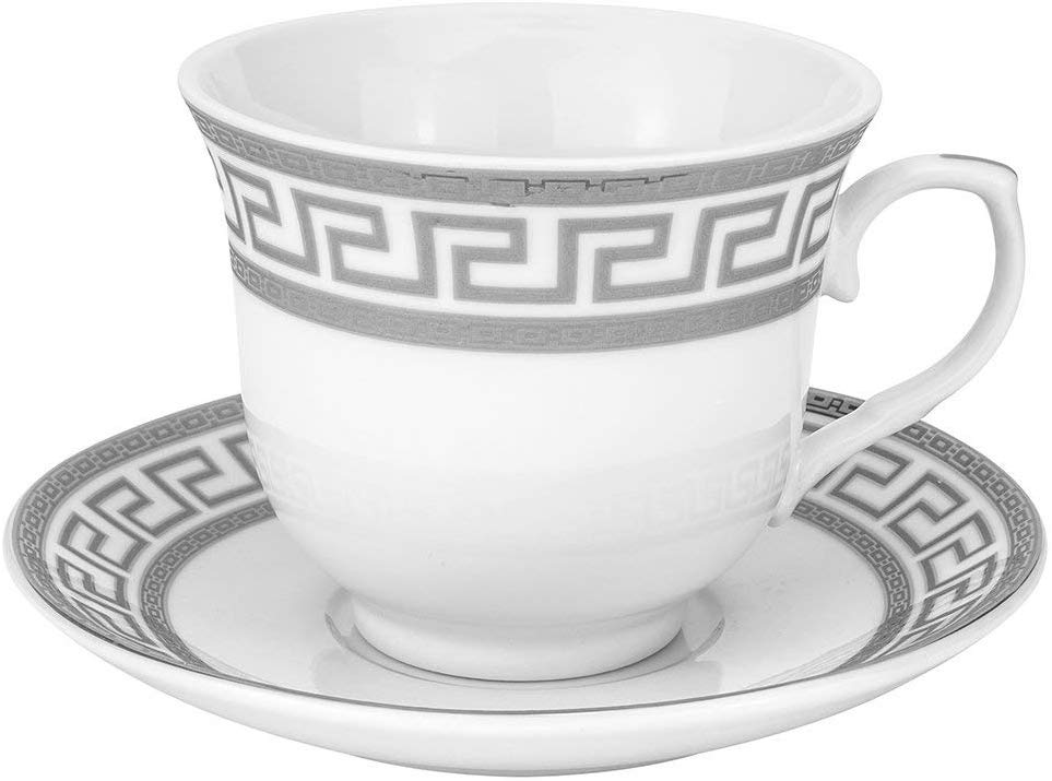 17 Piece Tea or Coffee set Greek Key Ornament, Fine Porcelain (Silver)