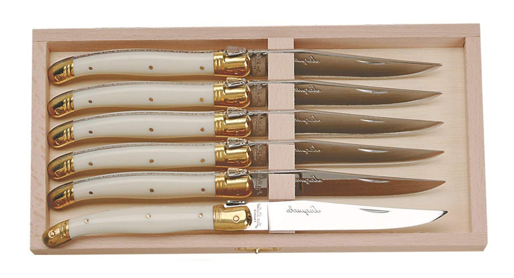 (D) Laguiole French 6 Steak Knives in a Wood Box, Vintage (Ivory)