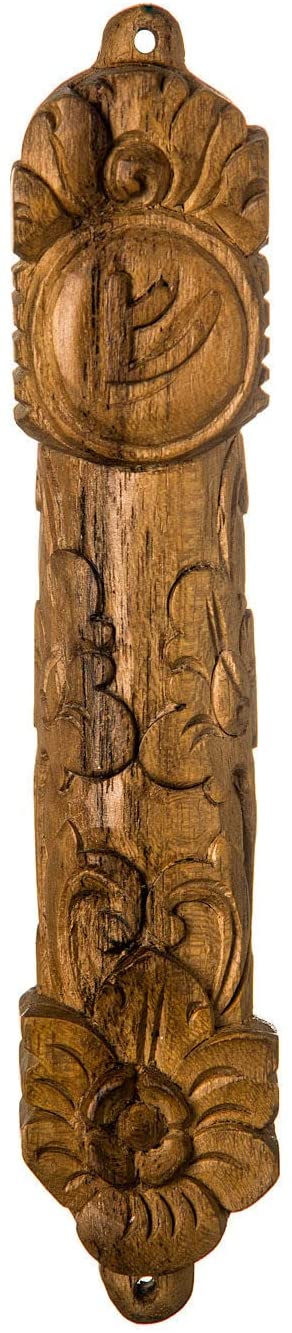 (D) Judaica Wood Teak Mezuzah Case Brown with Carved Flowers (6 inch)