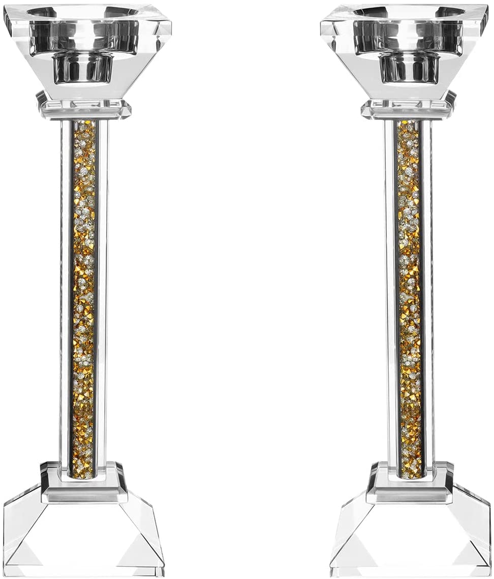 (D) Judaica Crystal Candlesticks with Stones Candle Holder (8.6'', Gold Silver)