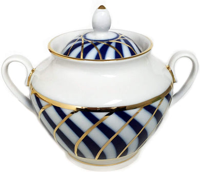 (D) Royalty Porcelain Russian Lomonosov Cobalt Net Blue 'Todes' Sugar Bowl