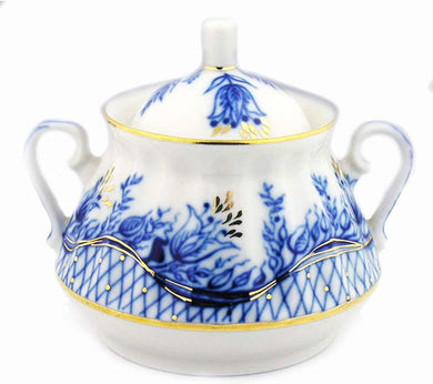 (D) Royalty Porcelain Russian Lomonosov Cobalt Blue Sugar Bowl 'Tendency'