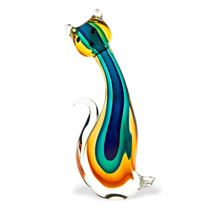 (D) Handcrafted Murano Art Glass Multi-Colored Cat Figurine 11", Sculpture