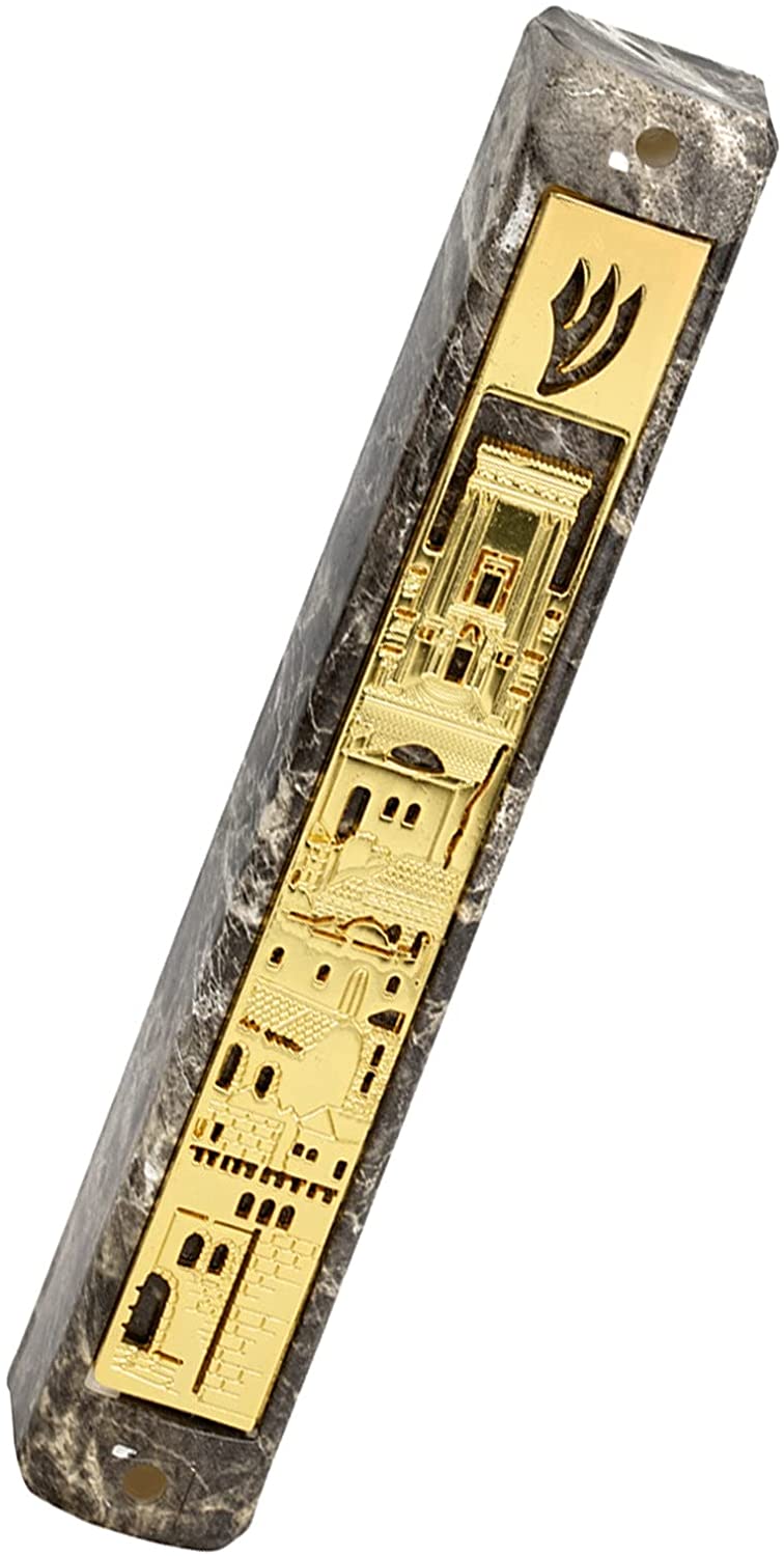 (D) Judaica Plastic Marble Style Mezuzah Case, Metal (4.7'', Gold Jerasulem)