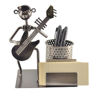 (D) Metal Guitar Player Card Holder and Pen Holder for Desk Industrial Style