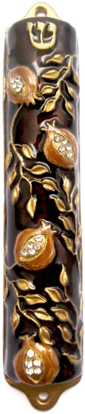 (D) Judaica Metal Mezuzah Case Gold Paint Amber with Crystals for Door 4''