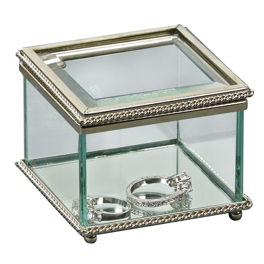 (D) Glass Jewelry Women Box Silver Storage Box with Hinged Cover, Keepsake Box
